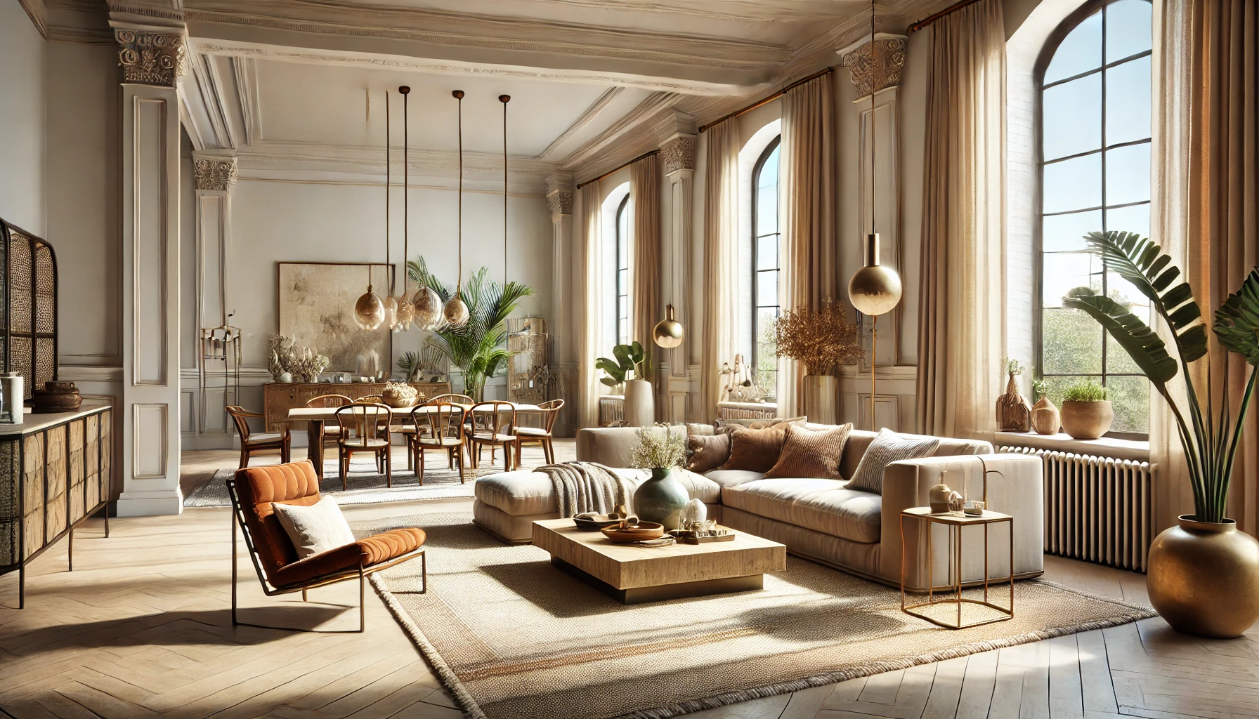 A spacious, open-concept living room inspired by Mocha Mousse (Pantone 17-1230) for spring 2025 design trends. The space features bright, light-filled